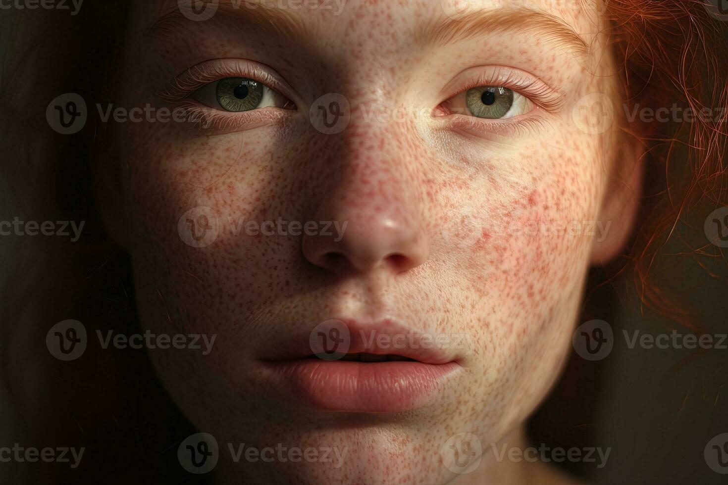 a close up of a woman with freckles,rosacea couperose redness skin AI generated photo