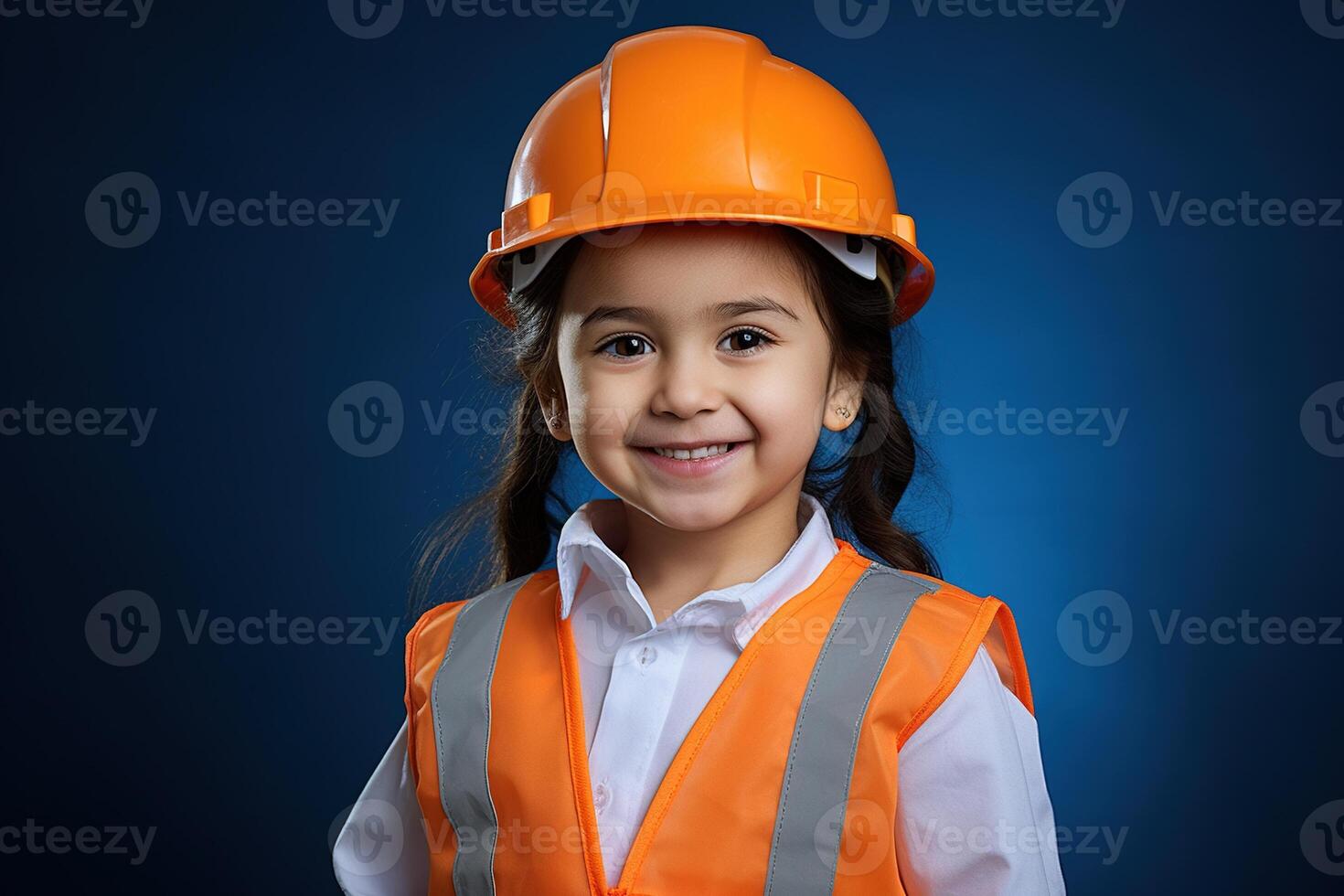 retrato de un sonriente pequeño niña en un construcción casco ai generado foto