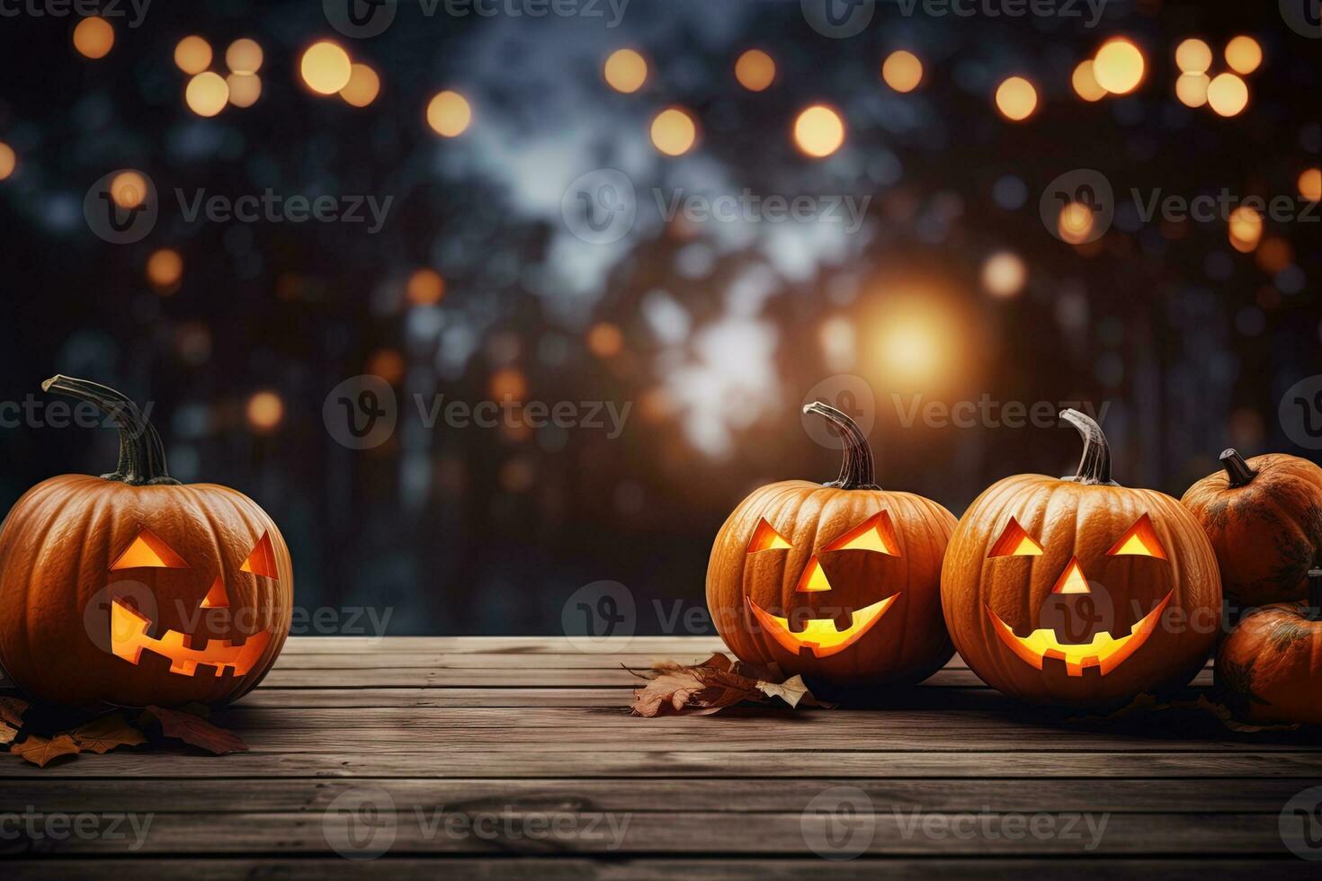 Halloween pumpkins on wooden table with bokeh lights background AI Generated photo