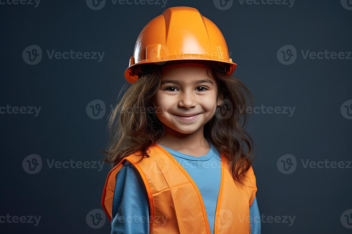 Portrait of a smiling little girl in a construction helmet photo