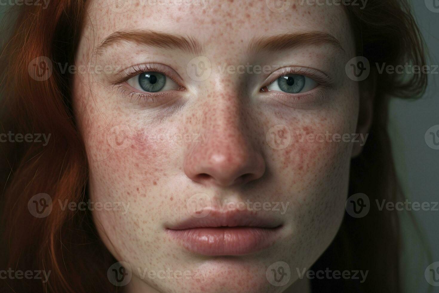 a close up of a woman with freckles AI generated photo
