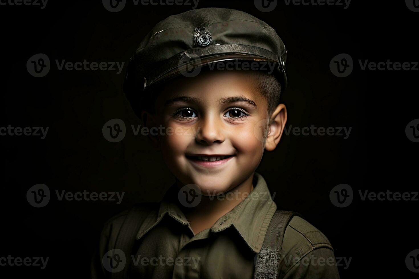 retrato de un linda pequeño chico en militar uniforme en oscuro antecedentes ai generado foto