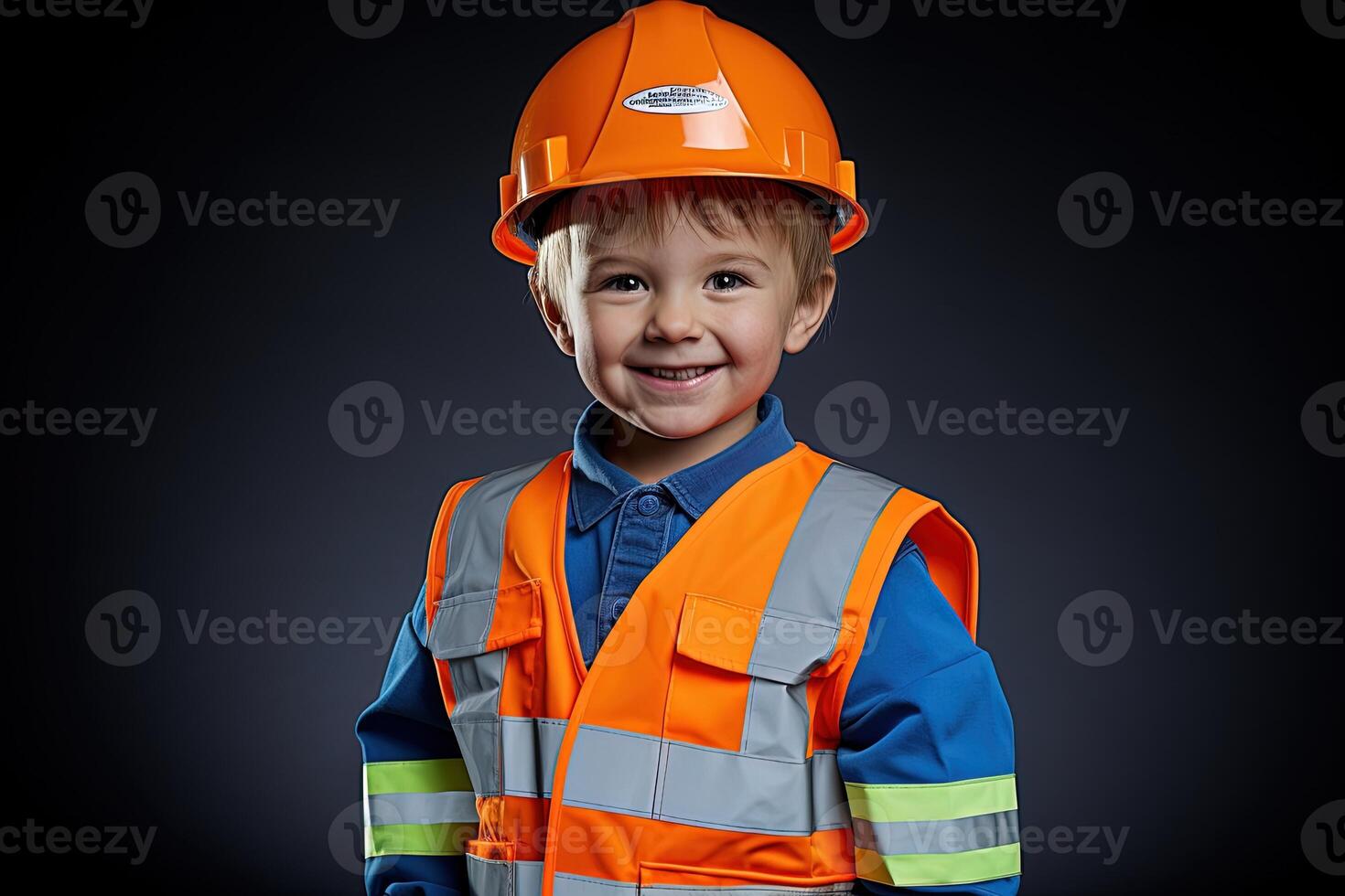 retrato de un linda pequeño chico en un construcción casco ai generado foto