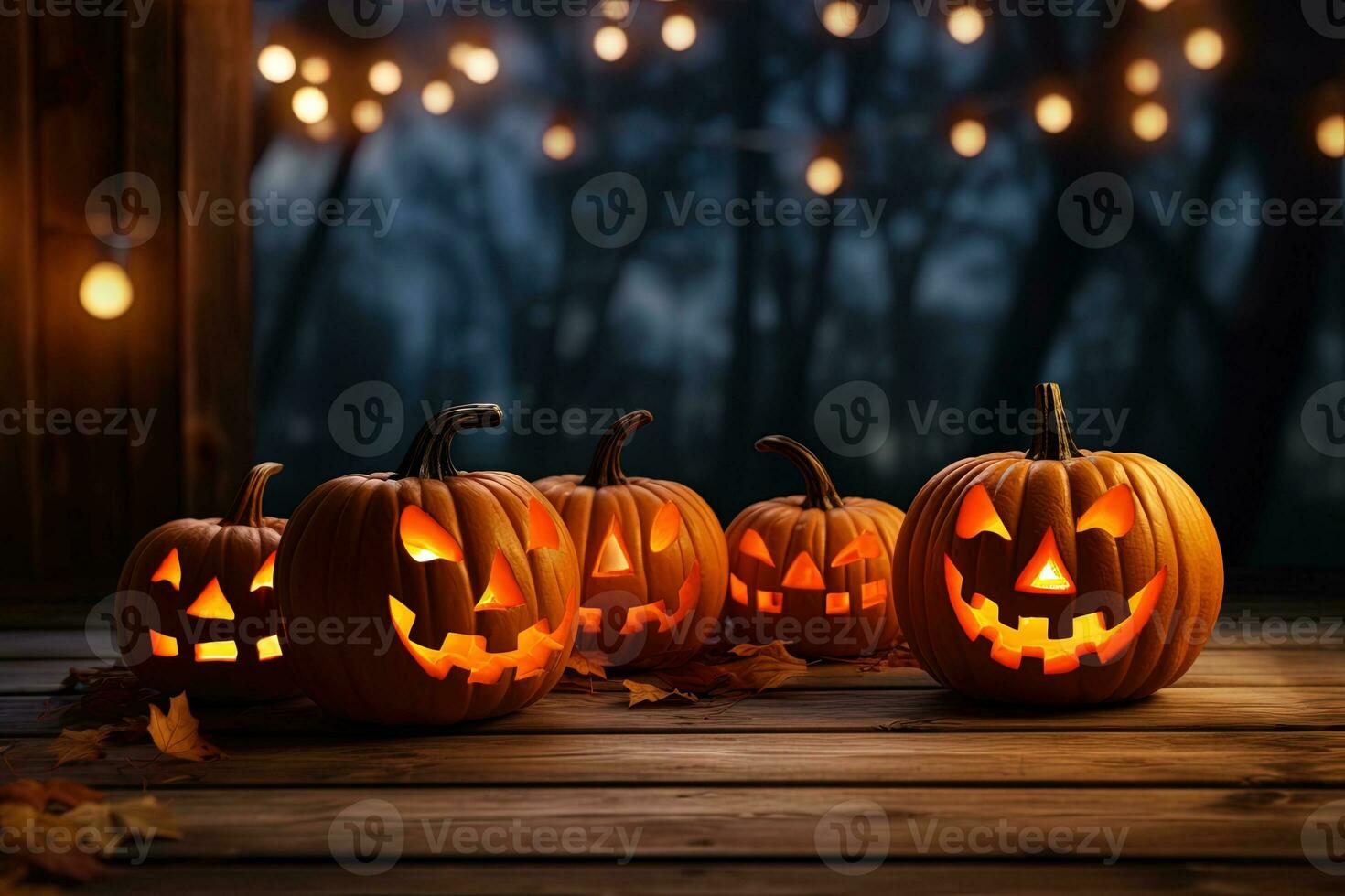 Halloween pumpkins on wooden table with bokeh lights background AI Generated photo