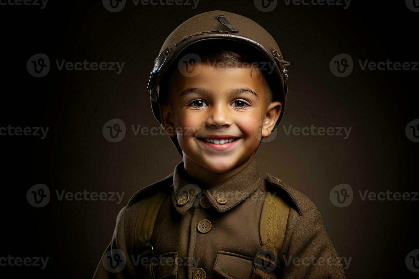 retrato de un linda pequeño chico en militar uniforme en oscuro antecedentes ai generado foto