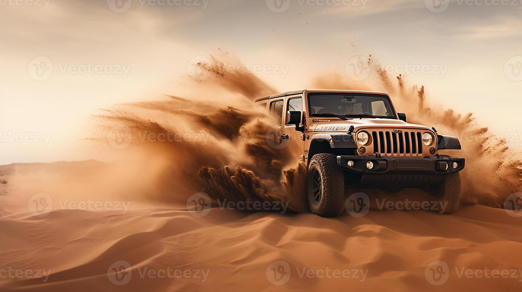 Photo of jeep driving in the desert. Generative AI