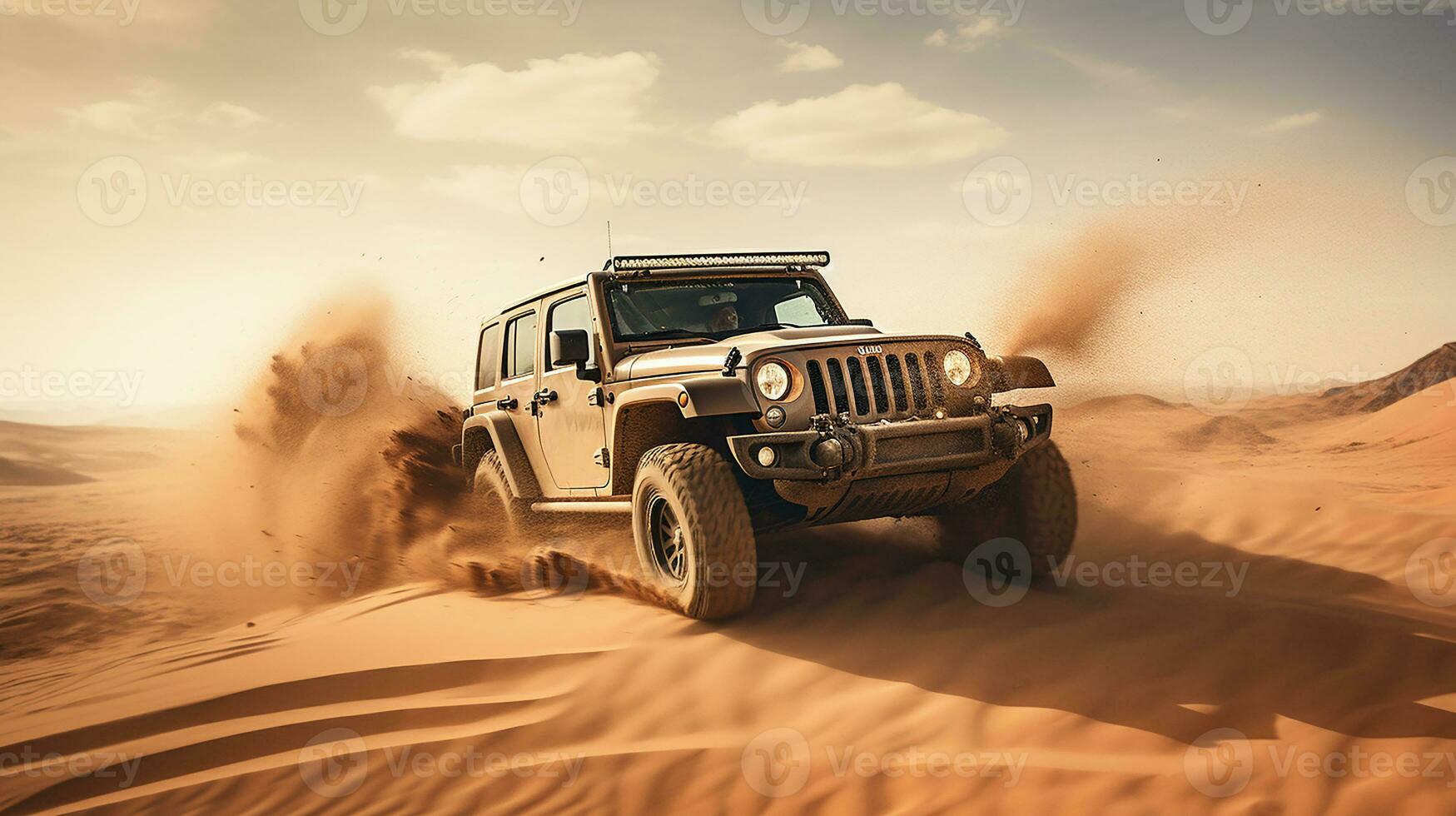 Photo of jeep driving in the desert. Generative AI