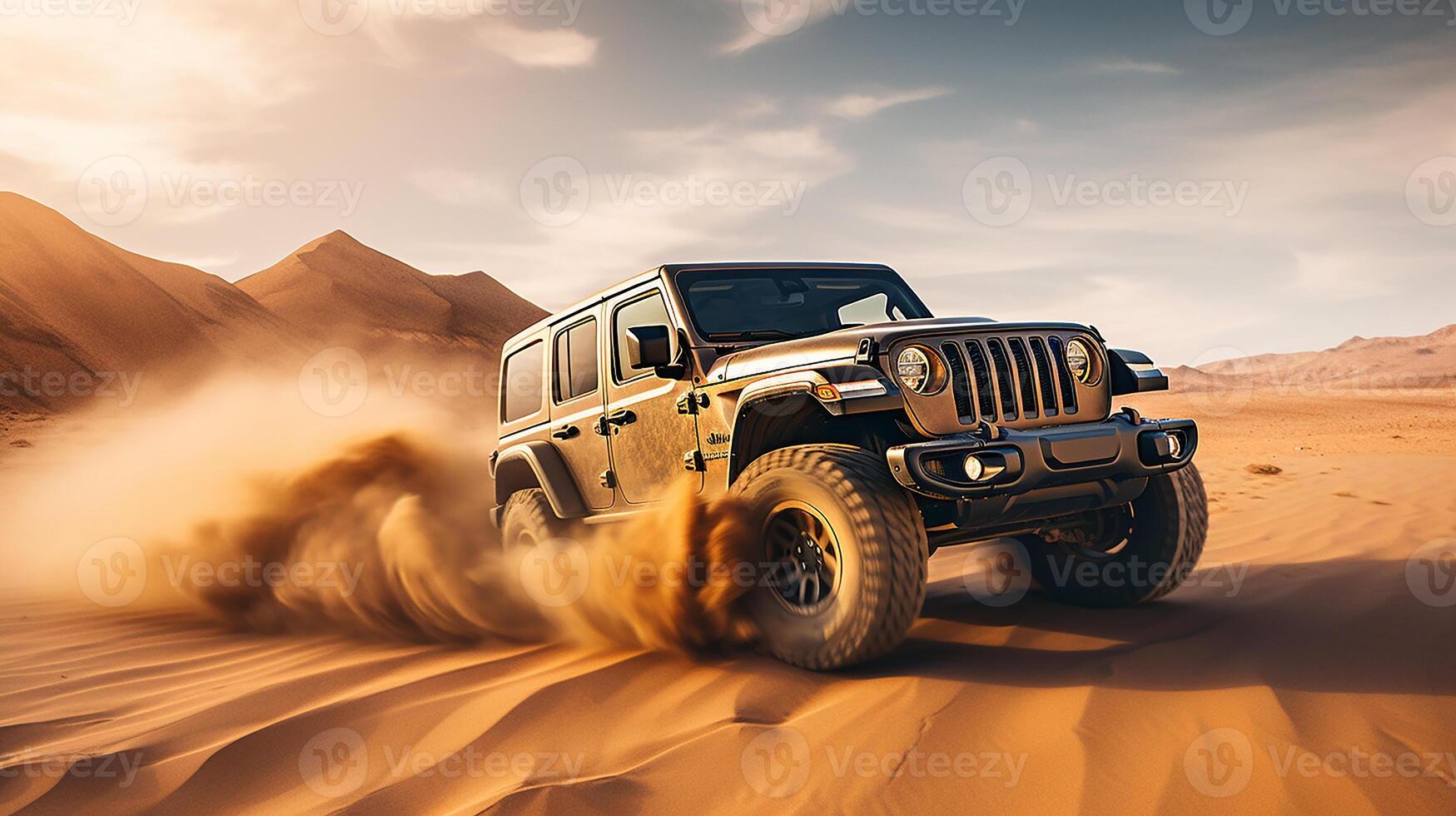 Photo of jeep driving in the desert. Generative AI