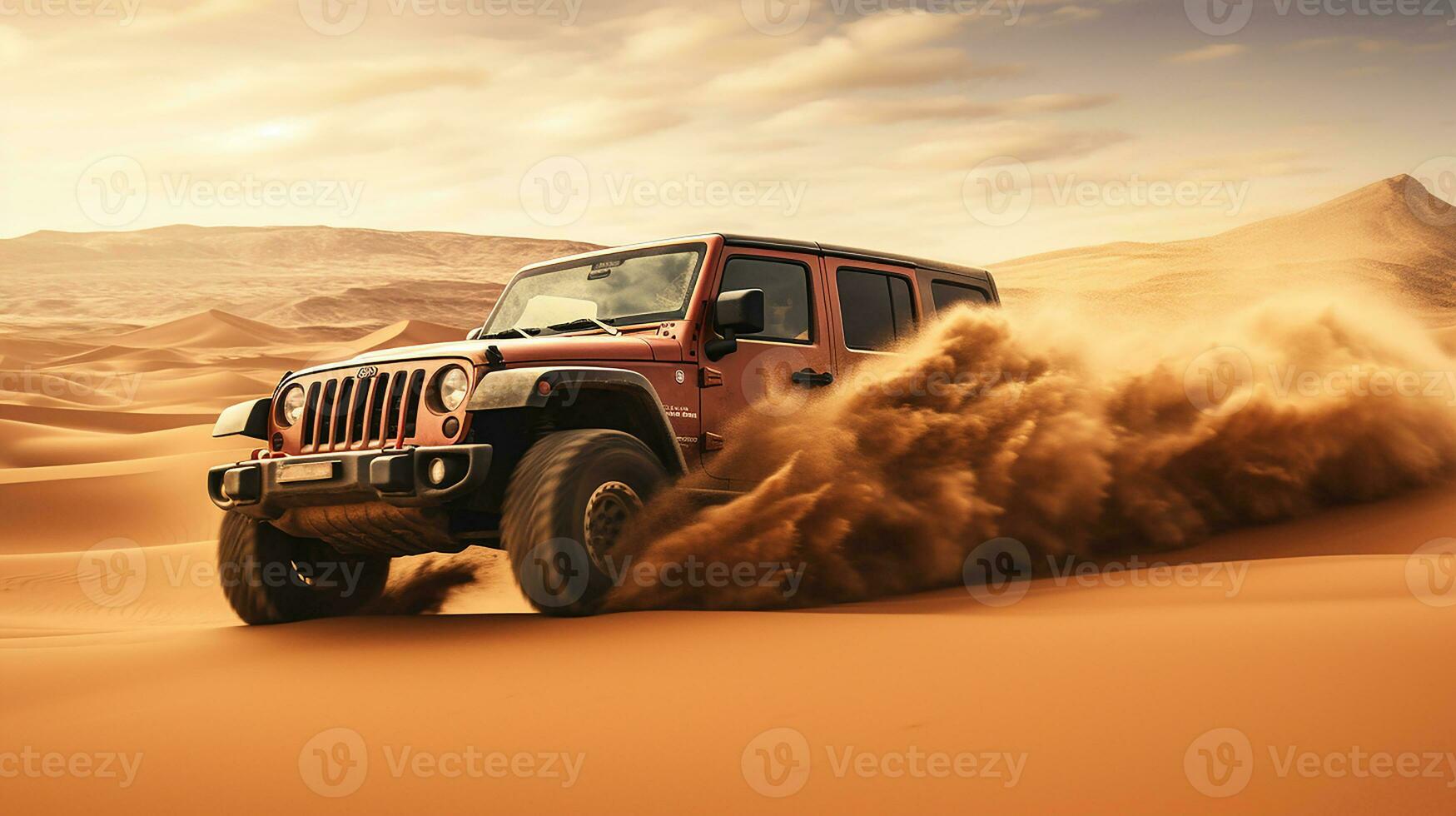 Photo of jeep driving in the desert. Generative AI