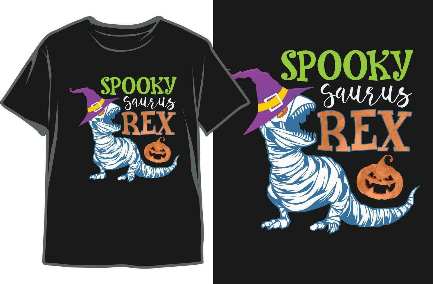 Spooky Saurus rex Mummy Dinosaur T-rex Halloween Funny Pumpkin T-Shirt Design. Halloween Time Black T-shirt Design Vector Graphics.