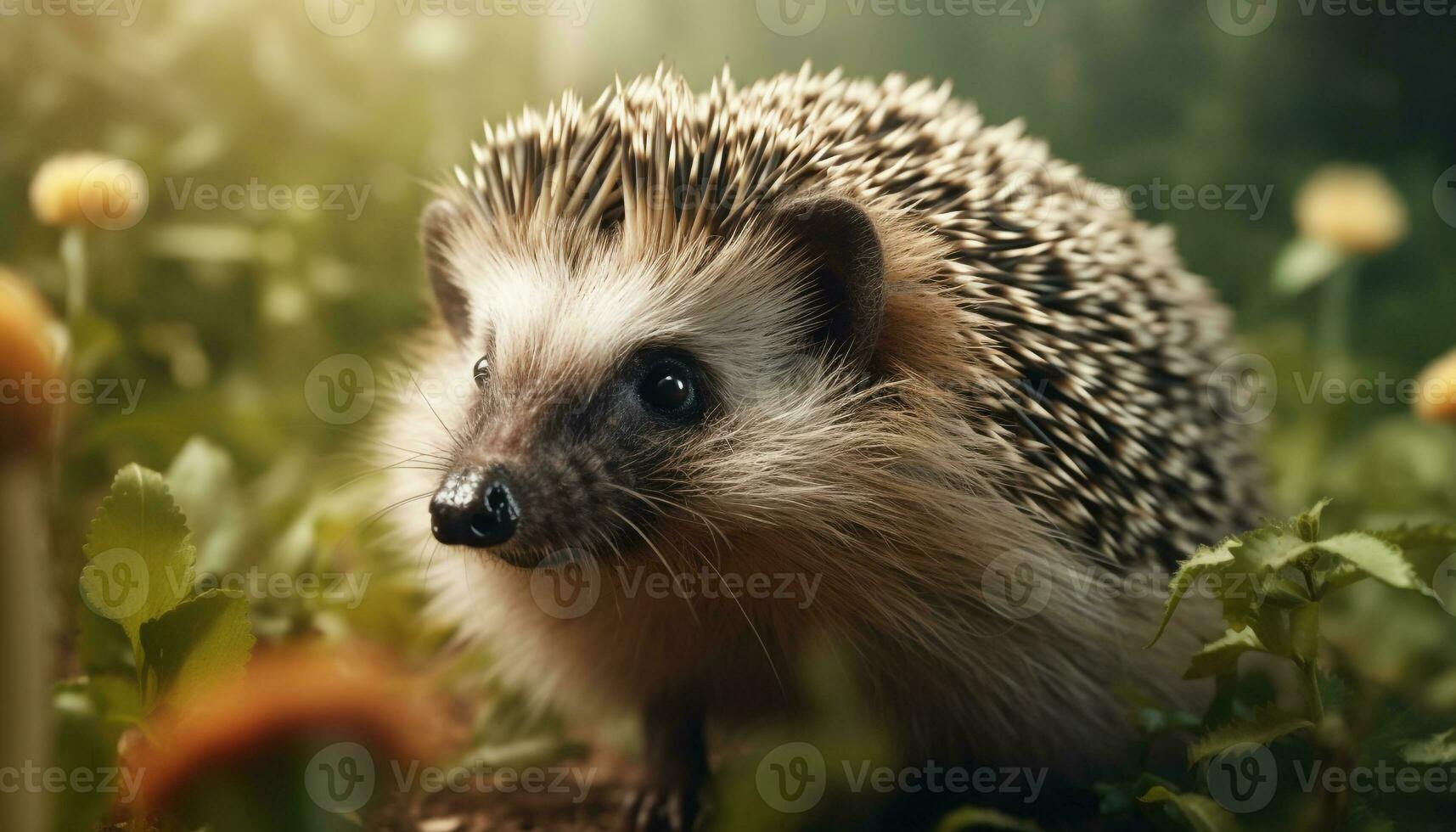 Cute hedgehog looking at camera in green grass outdoors generated by AI photo