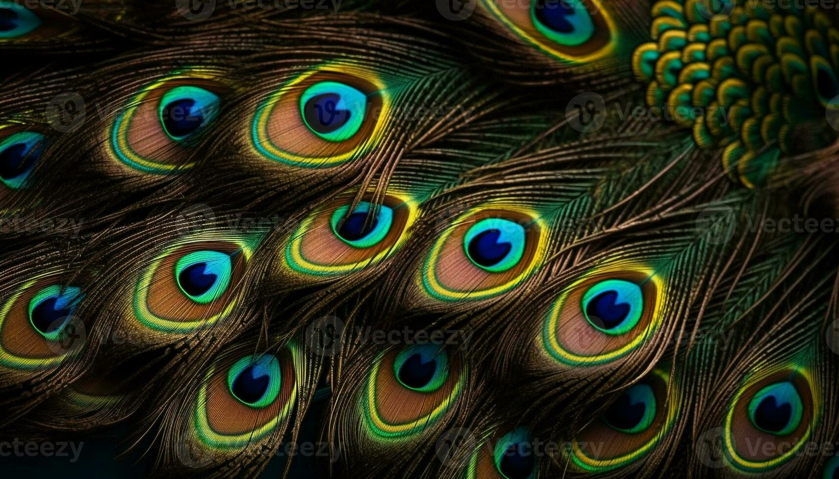 A vibrant peacock feather showcases nature elegance in multi colored patterns generated by AI photo