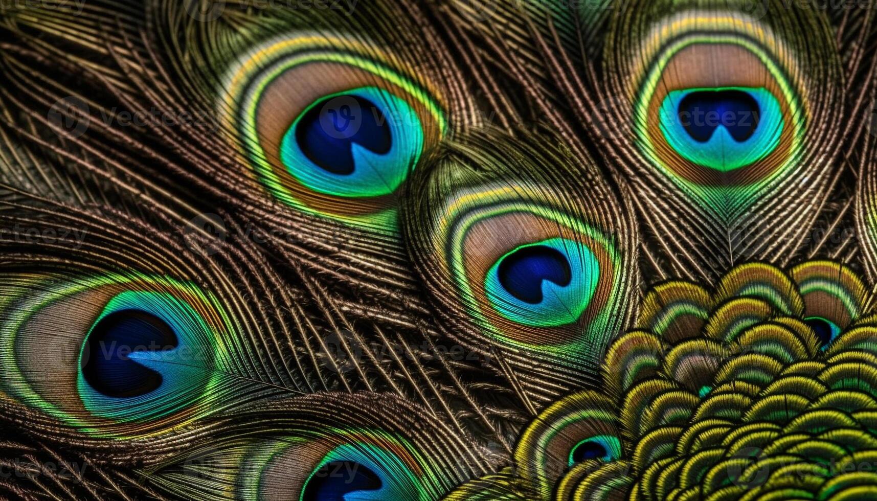 Vibrant colored peacock feather showcases nature beauty in abstract elegance generated by AI photo