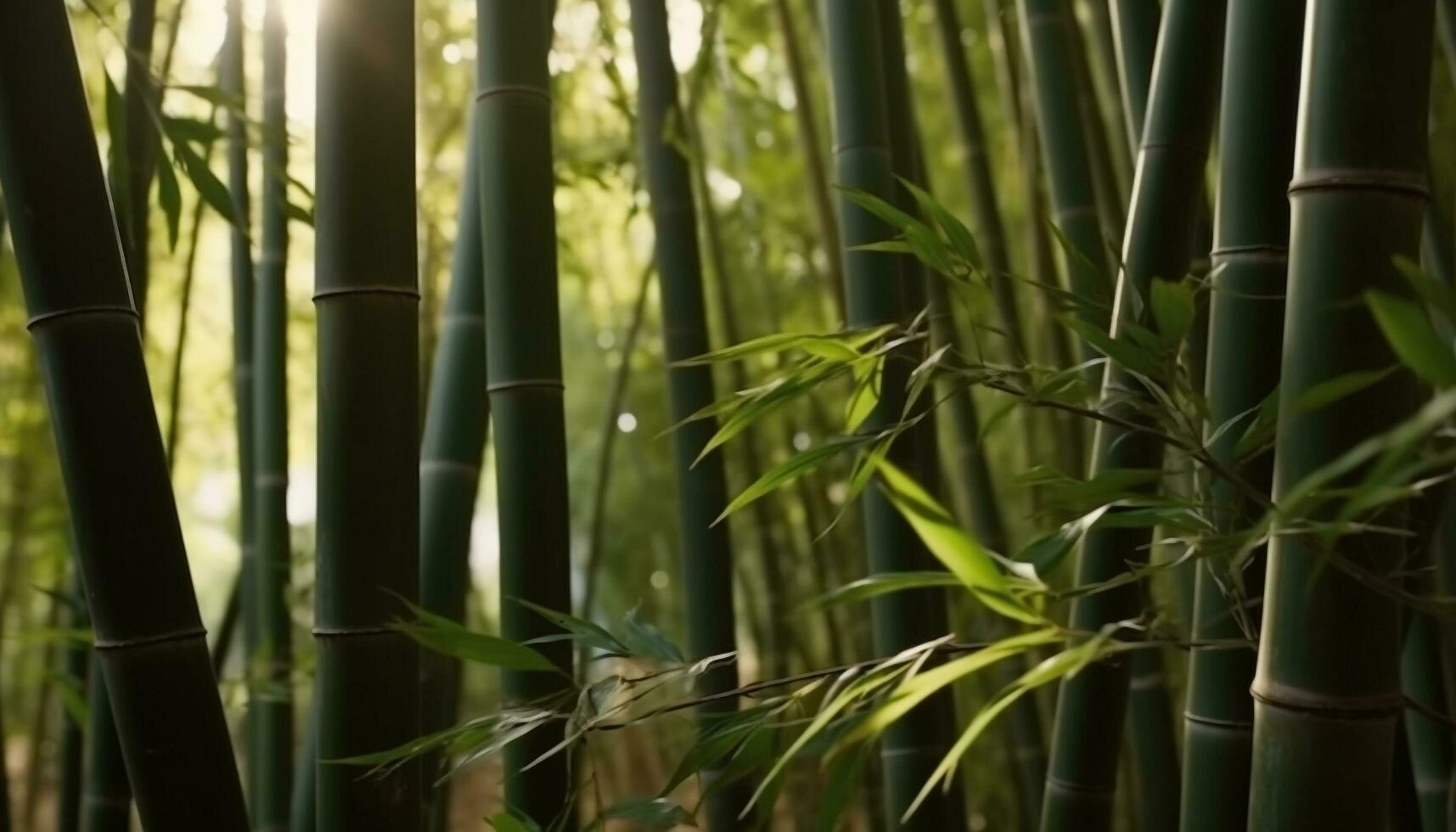 tranquilo escena de vibrante verde bambú arboleda en japonés bosque generado por ai foto