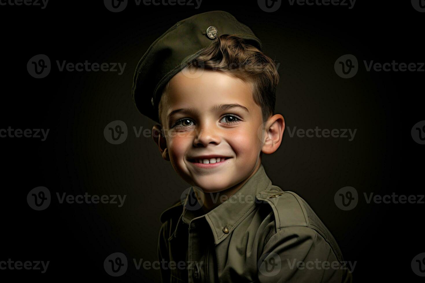 retrato de un linda pequeño chico en militar uniforme en oscuro antecedentes ai generado foto