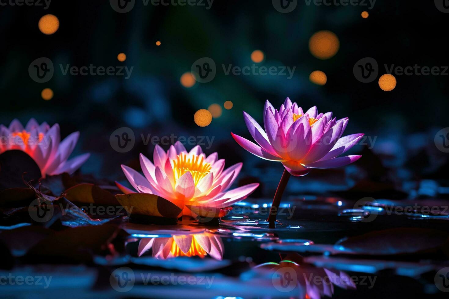 Beautiful pink water lily or lotus flower on dark background AI Generated photo