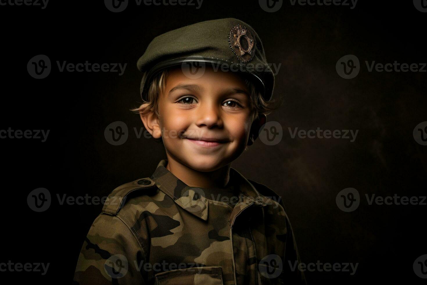 Portrait of a cute little boy in military uniform on dark background AI Generated photo