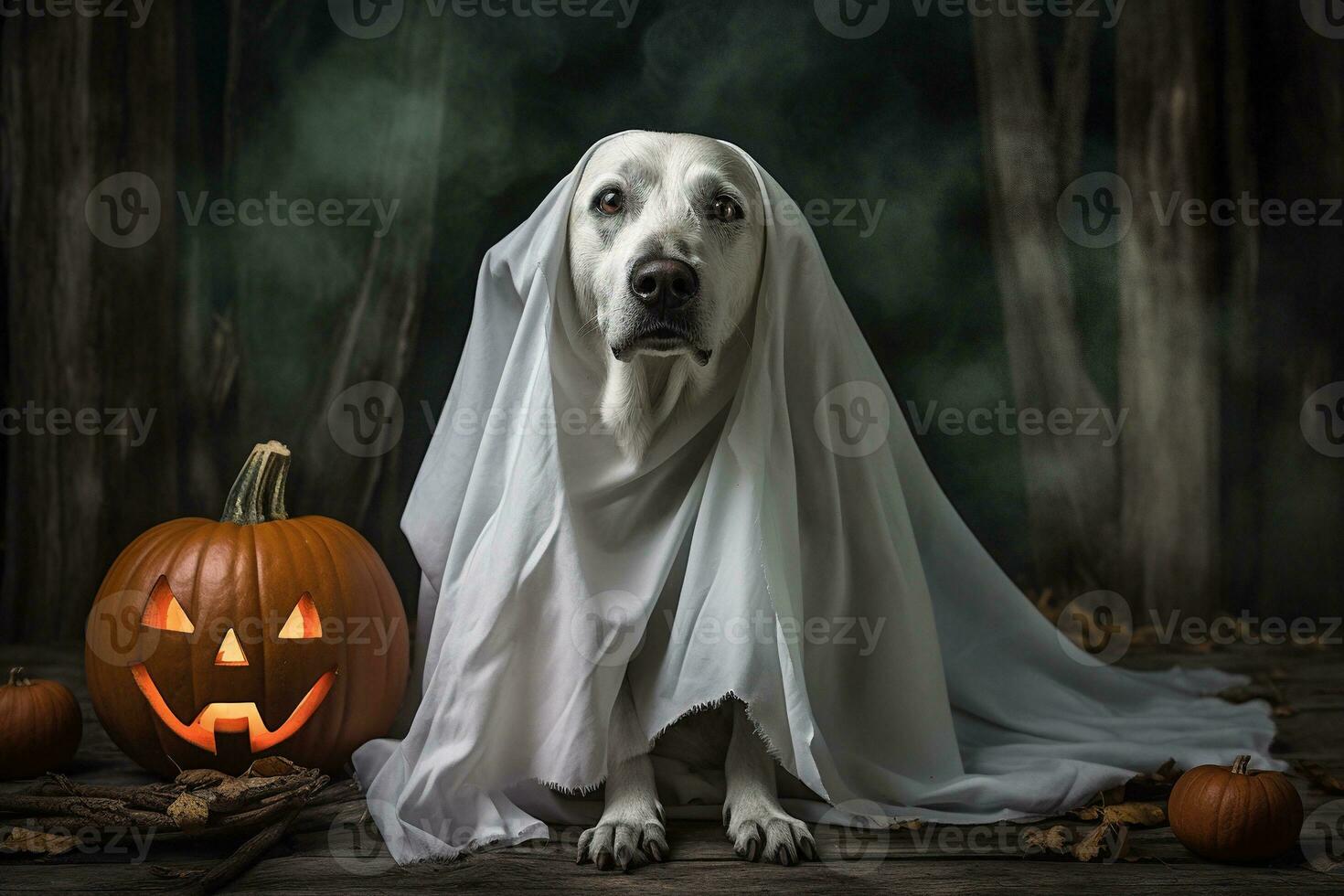 Halloween theme. dog in ghost costume with pumpkins on dark background AI Generated photo