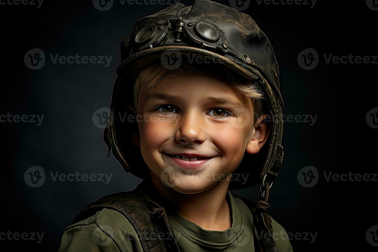 Portrait of a cute little boy in military uniform on dark background AI Generated photo