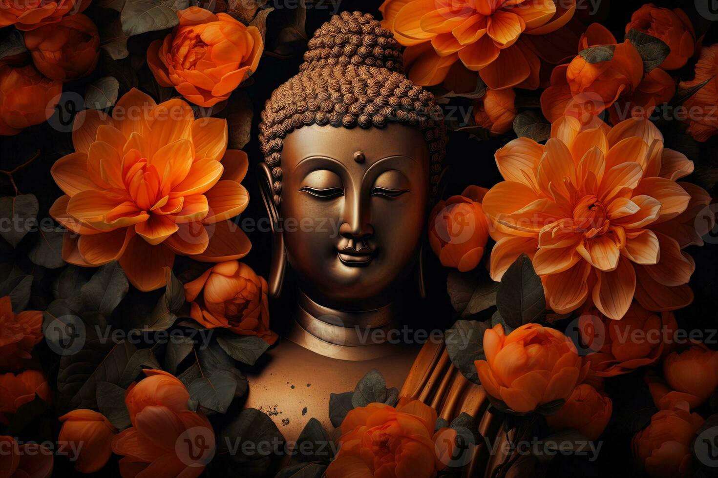 Buddha statue surrounded by orange flowers on a black background AI Generated photo
