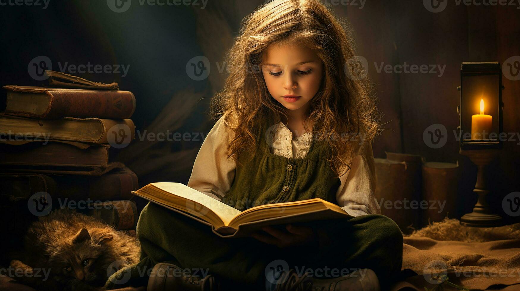 pequeño niña leyendo un libro en el biblioteca con otoño hojas alrededor su. generativo ai foto