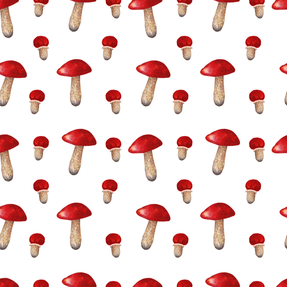Seamless pattern of mushrooms.Big and small autumn forest plant. Template for creating fabrics, wrapping paper, invitations.Watercolor and marker illustration.Hand art. png