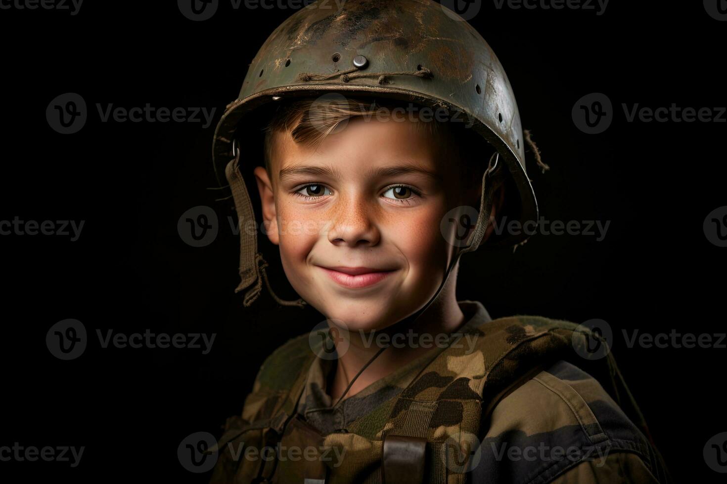 Portrait of a cute little boy in military uniform on dark background AI Generated photo
