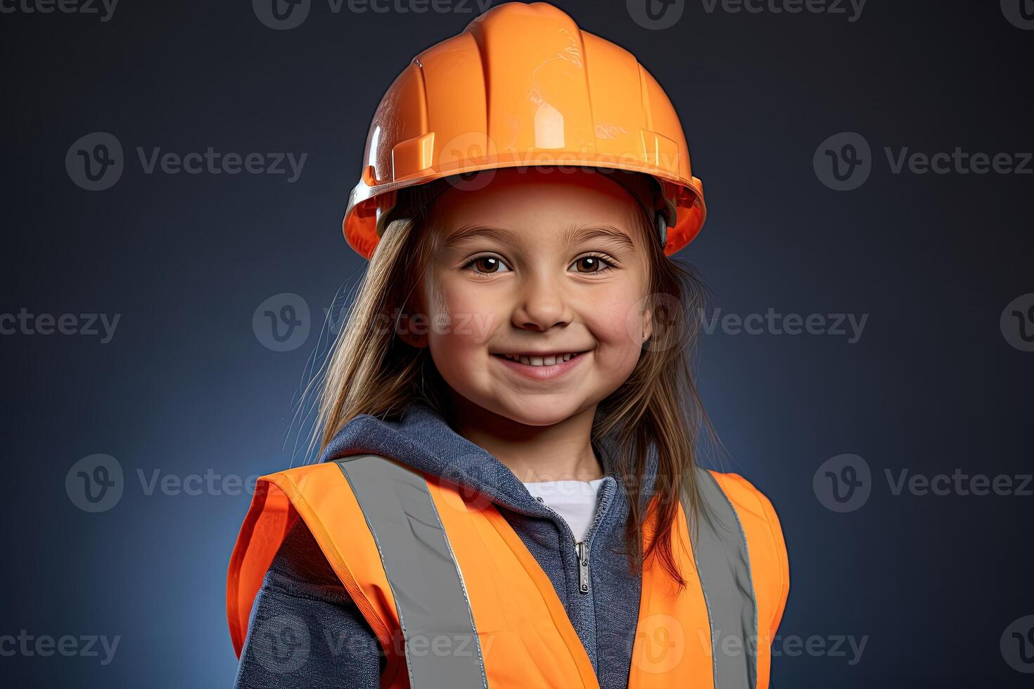 Portrait of a smiling little girl in a construction helmet photo