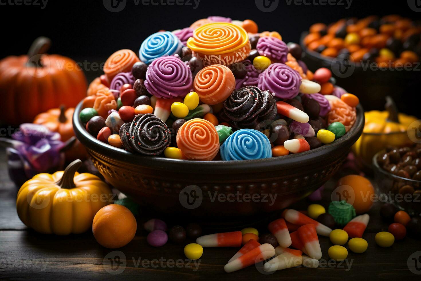 Ai Generated. Halloween candies and sweets on dark background photo