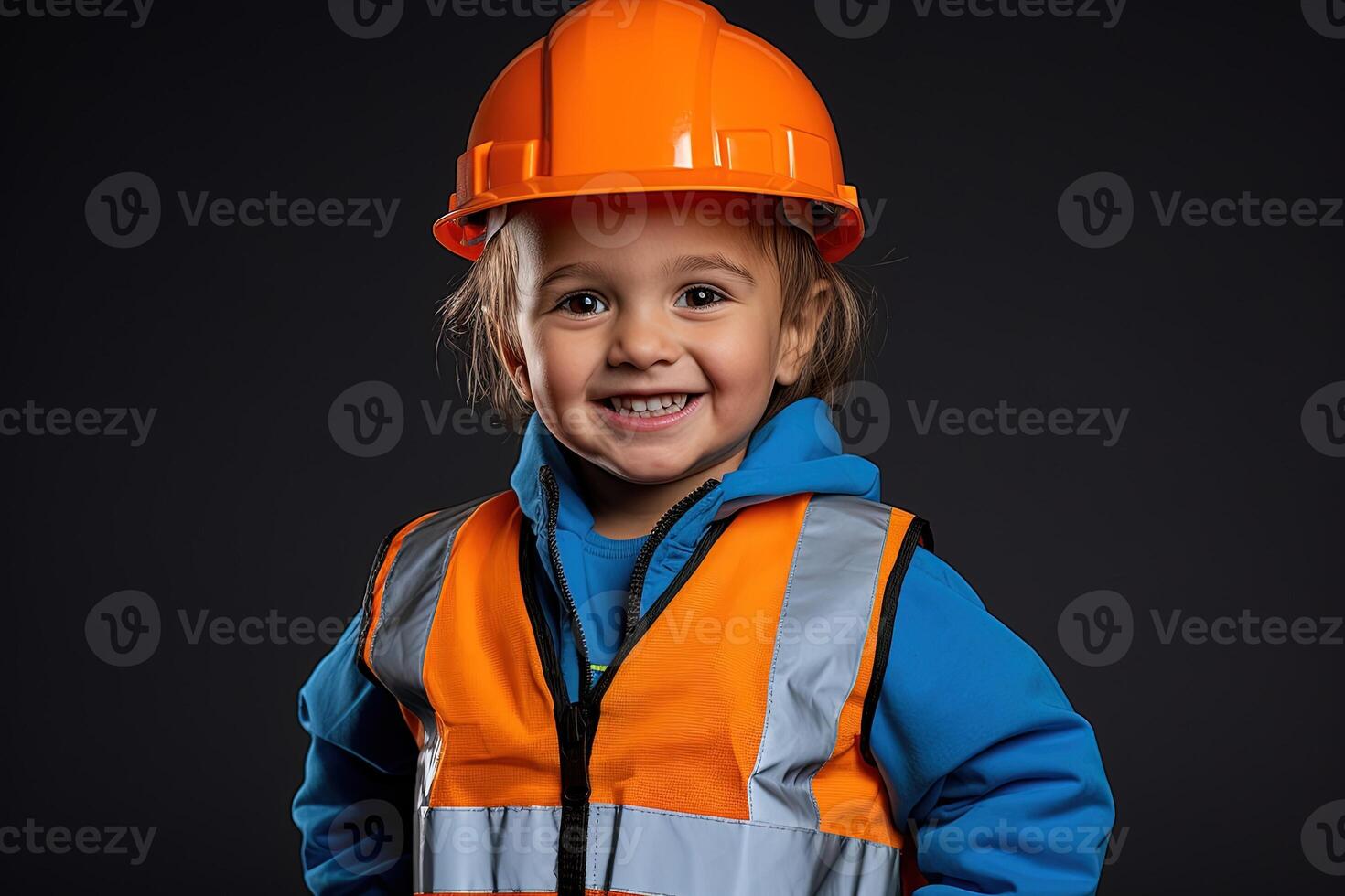 retrato de un linda pequeño chico en un construcción casco ai generado foto