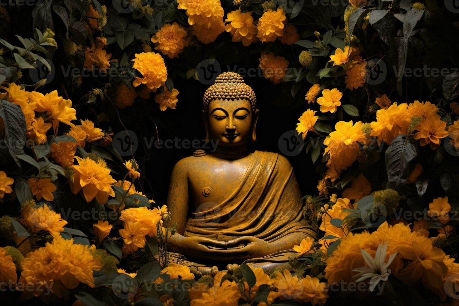 a golden buddha statue surrounded by flowers AI Generated photo