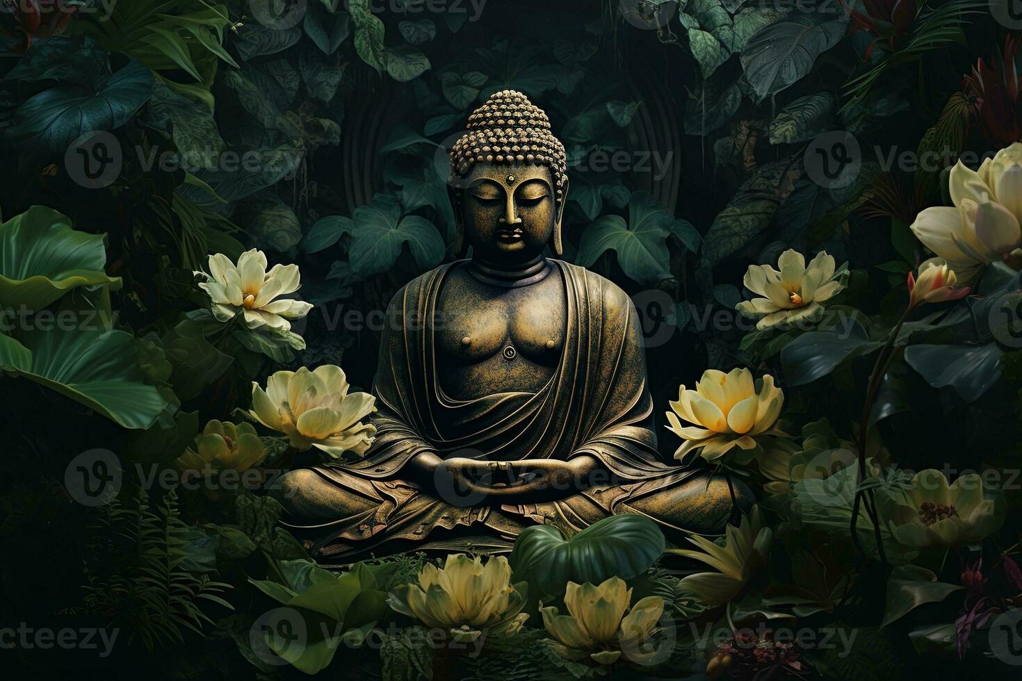Buddha statue with lotus flower and green leaves background AI Generated photo
