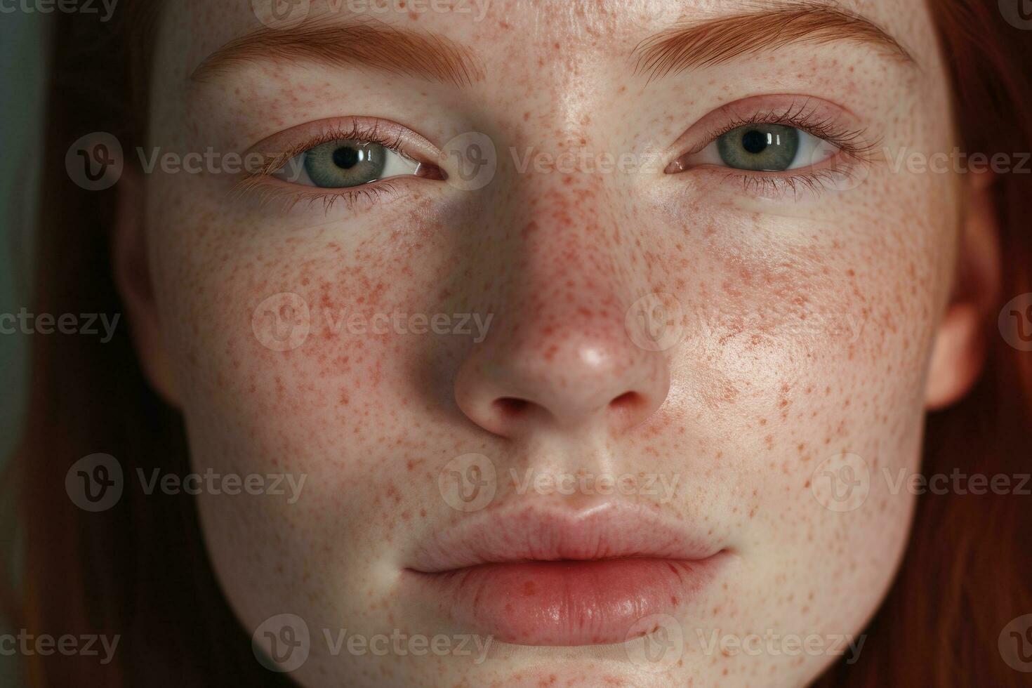 a close up of a woman with freckles,rosacea couperose redness skin AI generated photo