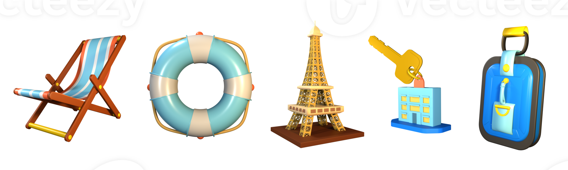 3D icon world tourism day collection rendered isolated on the transparent background. beach chair, eiffel tower, lifebuoy, luggage tag, and hotel key object for your design. png