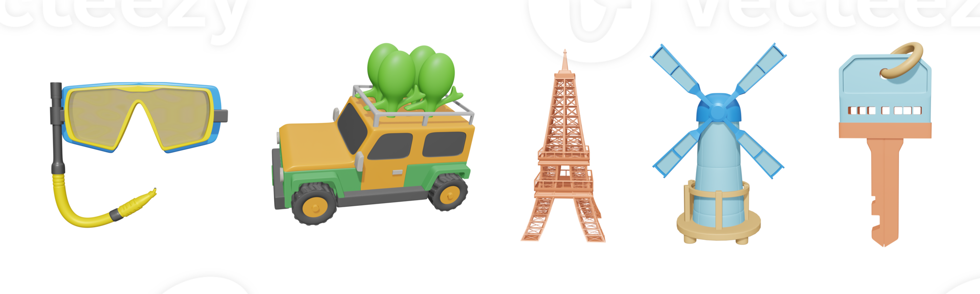 3D icon world tourism day collection rendered isolated on the transparent background. scuba diving mask, safari jeep, eiffel tower, windmill, and hotel key object for your design. png