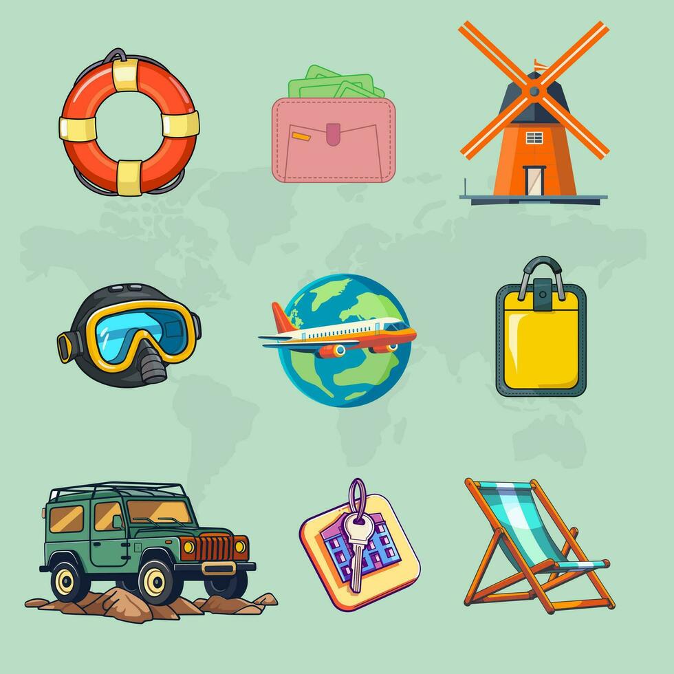 9 world tourism day icon illustrations set isolated on the colored background vector