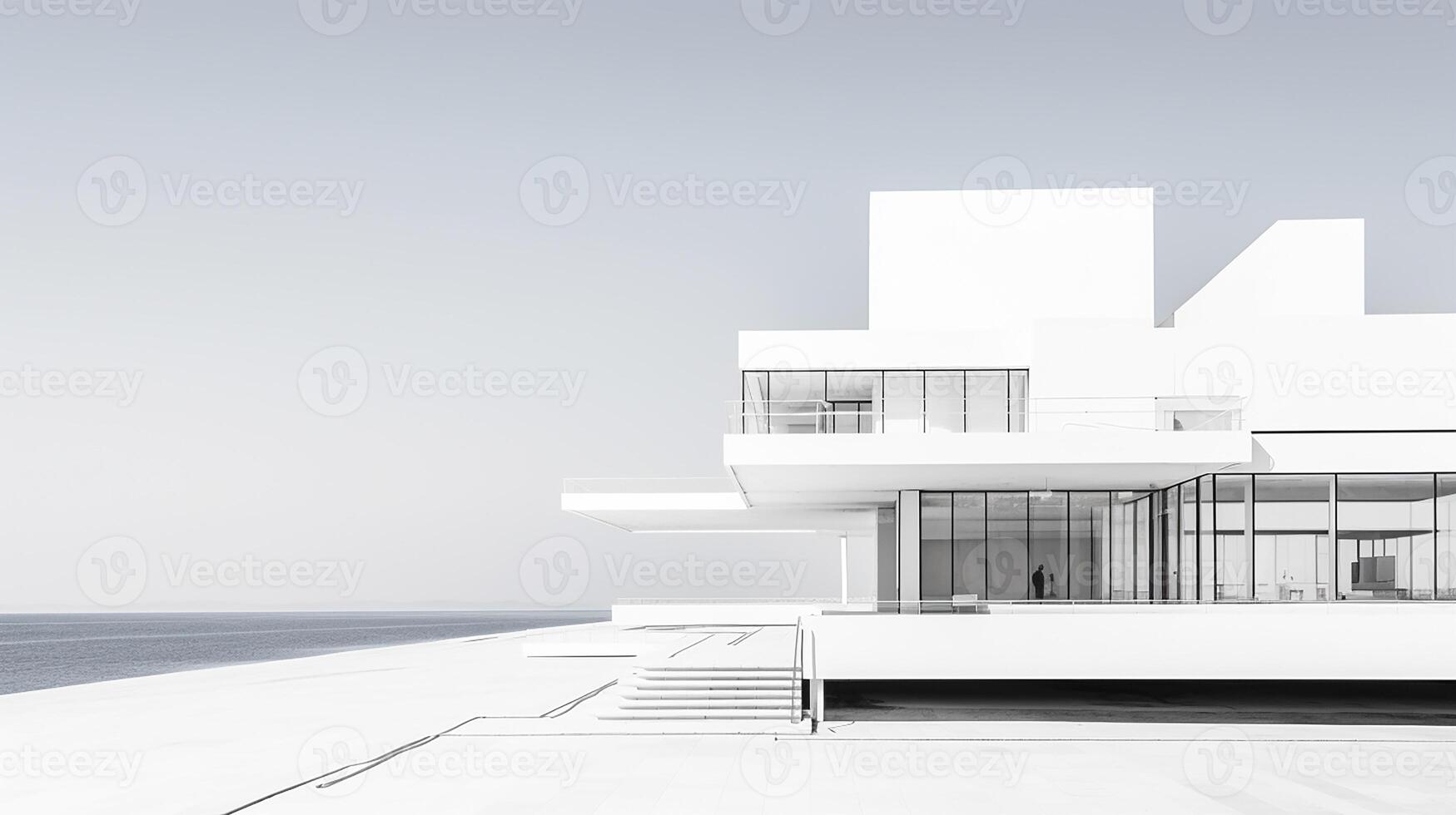 3d representación de moderno arquitectura en el techo con mar vista. generativo ai foto