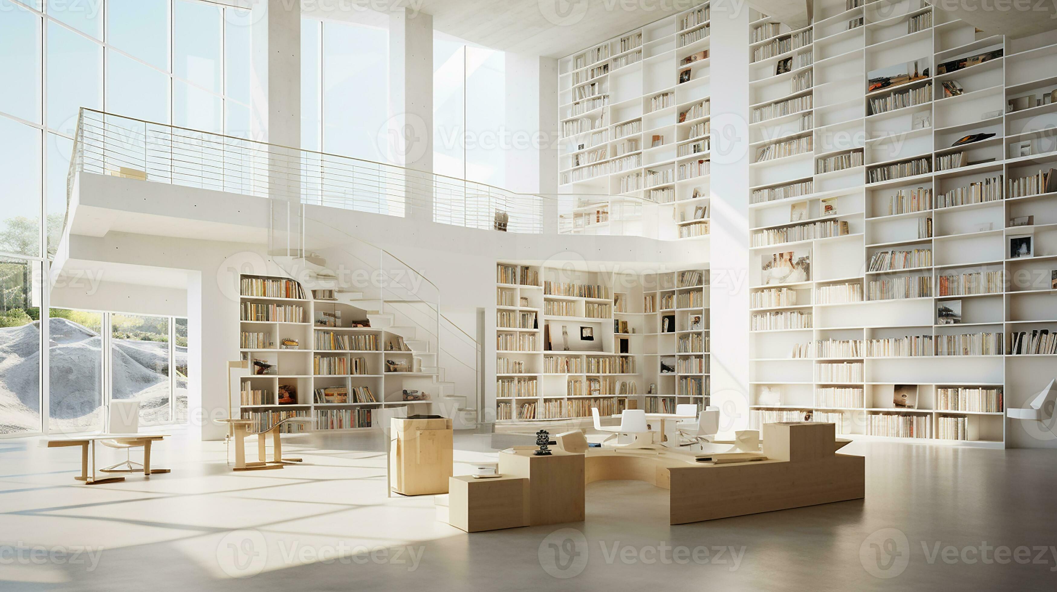 Interior of modern library with white walls, wooden floor, rows of