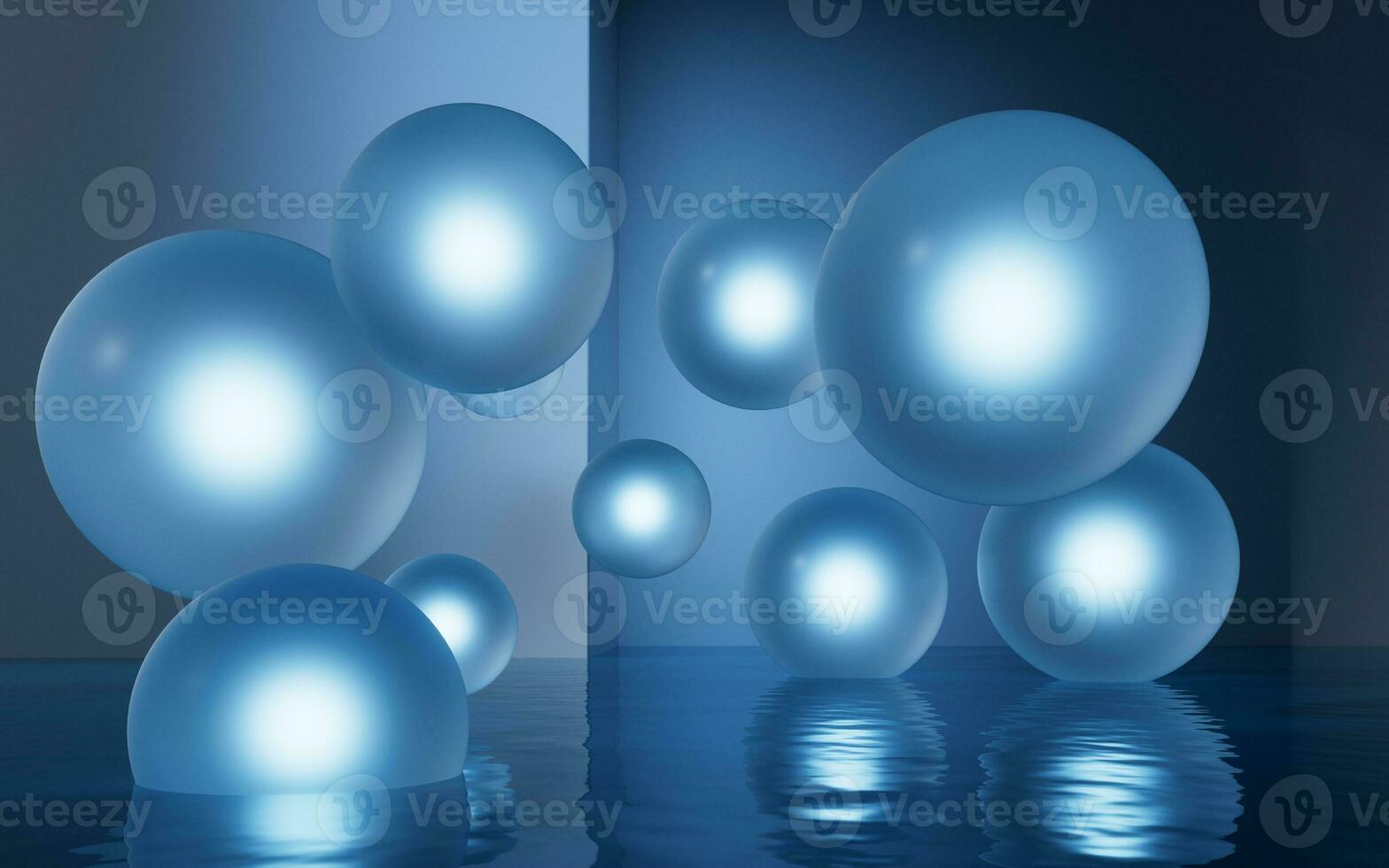 Transparent balls with water surface, 3d rendering. photo