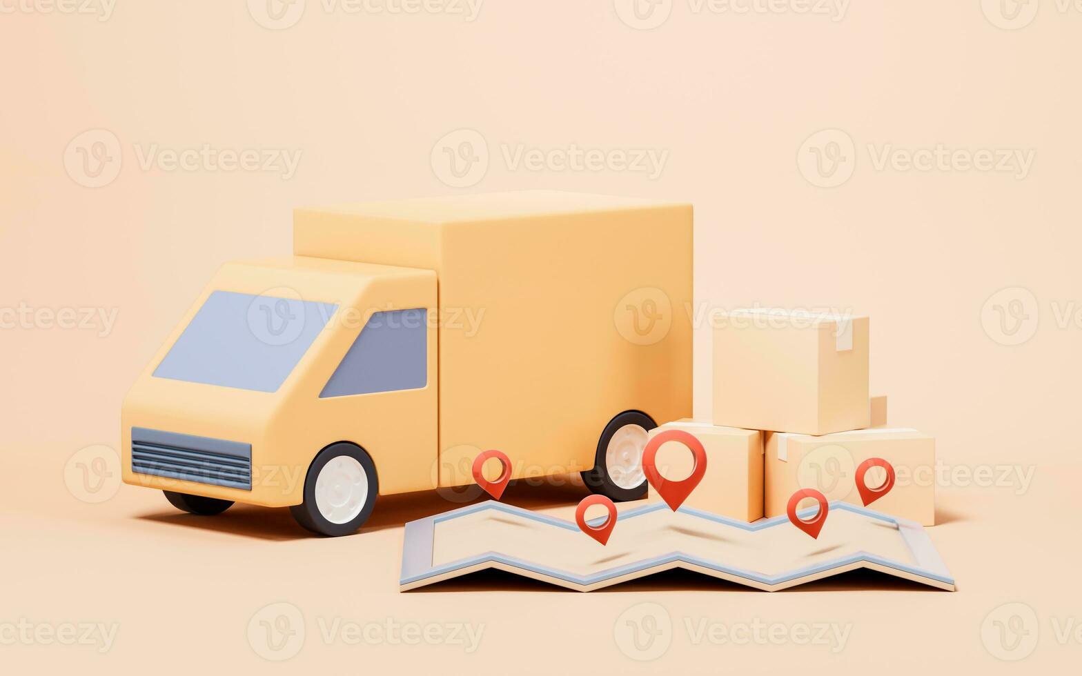 Truck and cargo box with cartoon style, 3d rendering. photo