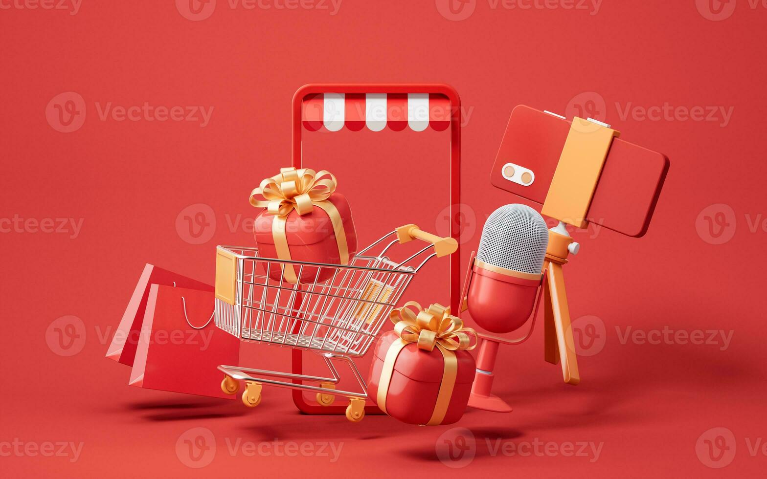 Microphone live streaming and gift boxes, 3d rendering. photo