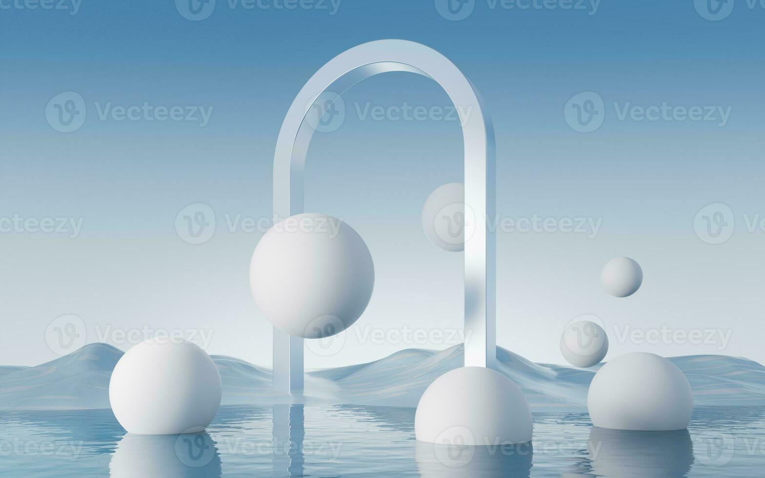 Water surface with round balls background, 3d rendering. photo
