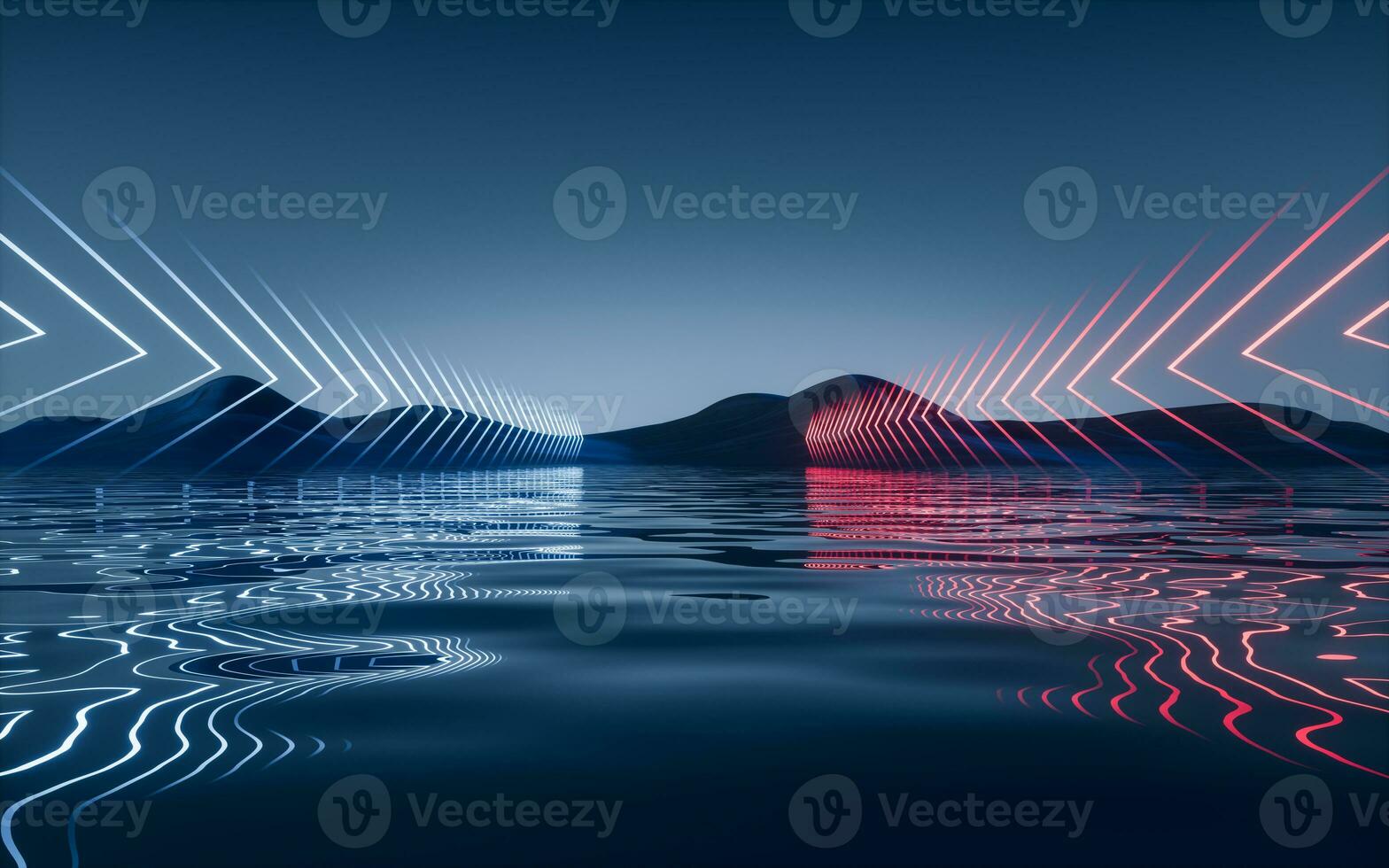 Dark lake with glowing neon lines, 3d rendering. photo