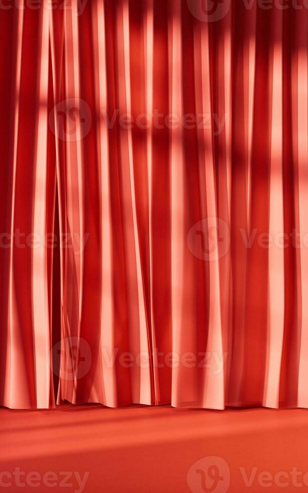 rojo cortina con luz de sol viene en, 3d representación. foto