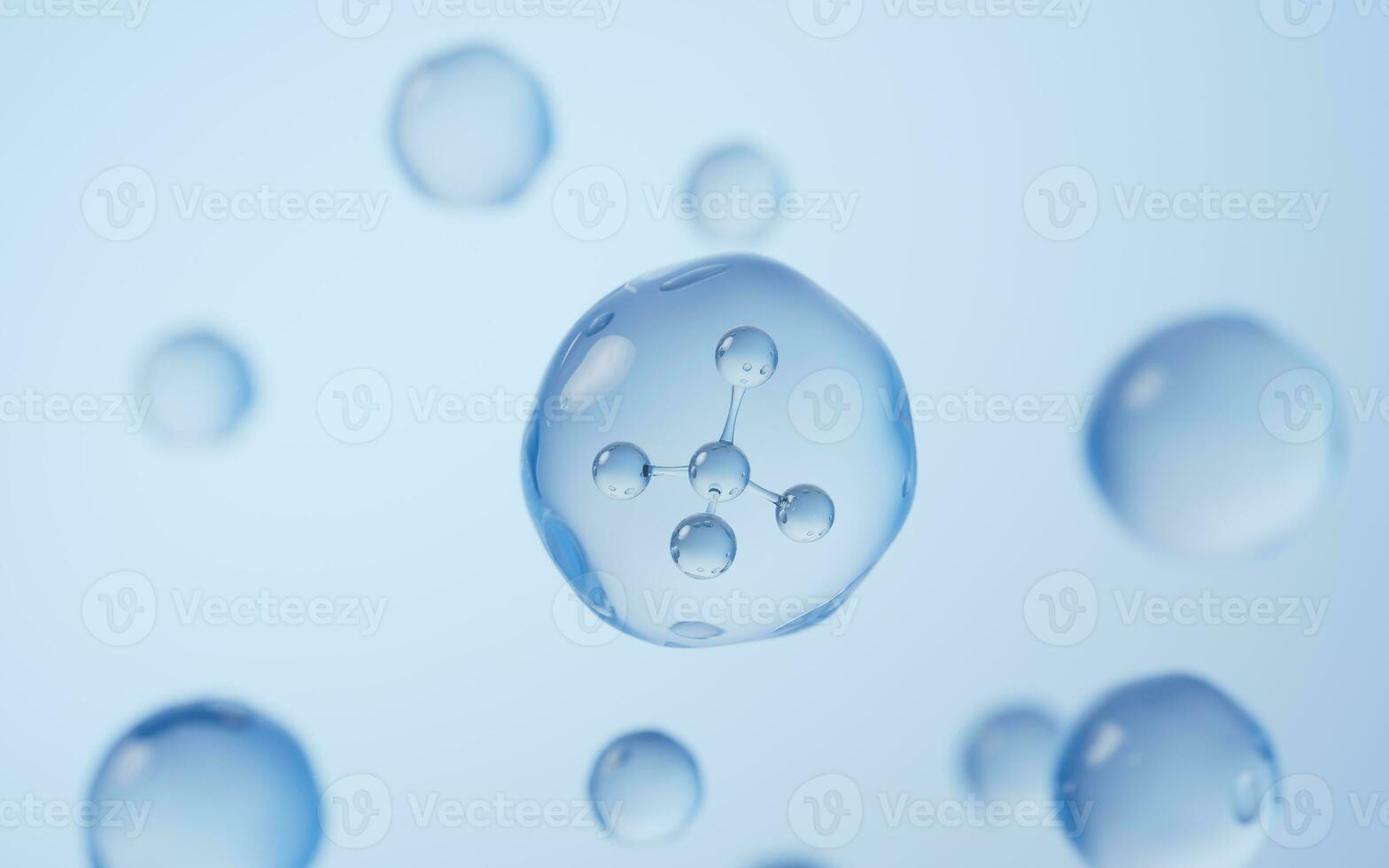 molécula en el agua gota, 3d representación. foto