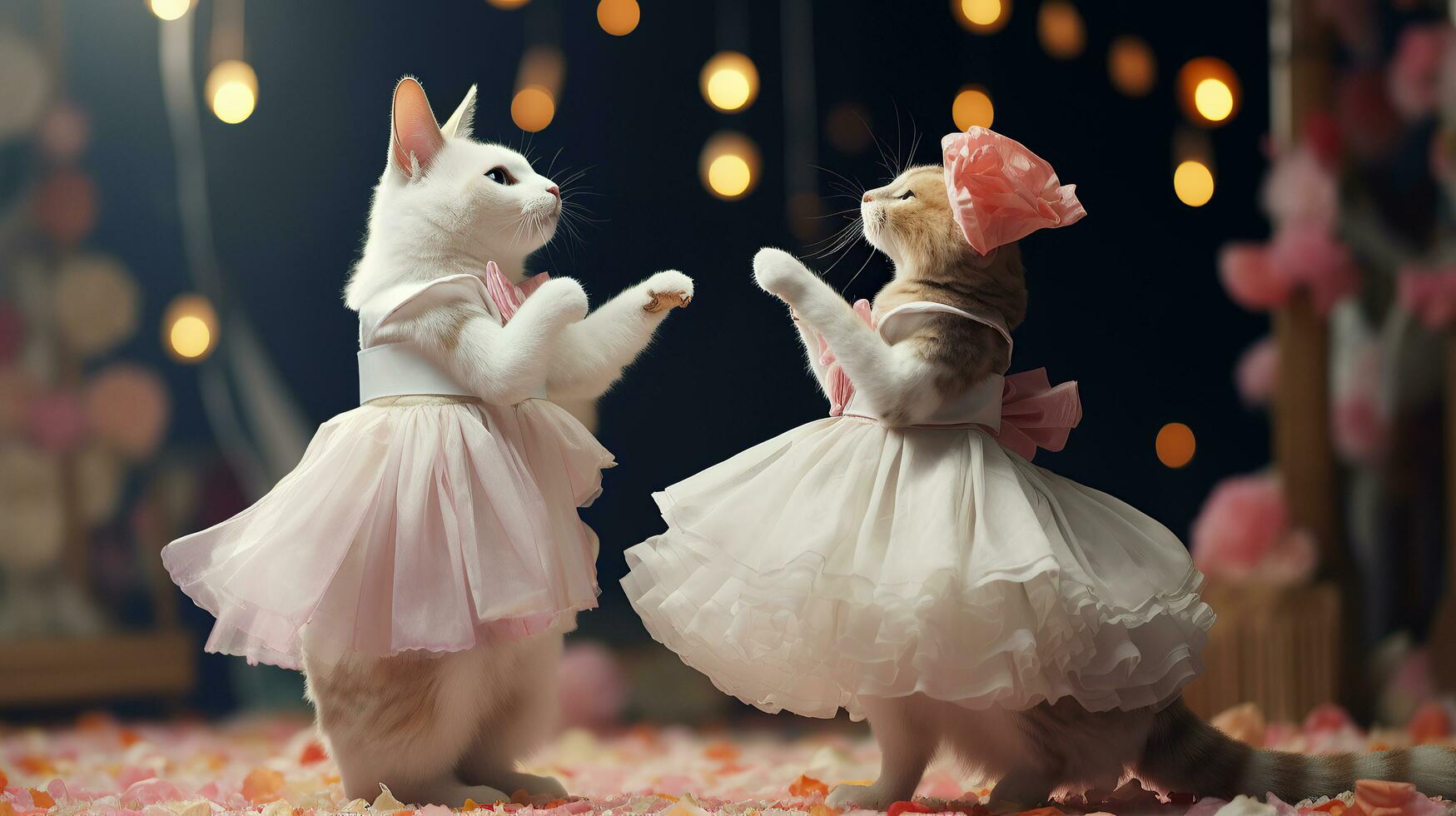 Cute couple cat wearing wedding dress in wedding party. Created with Generative AI technology photo