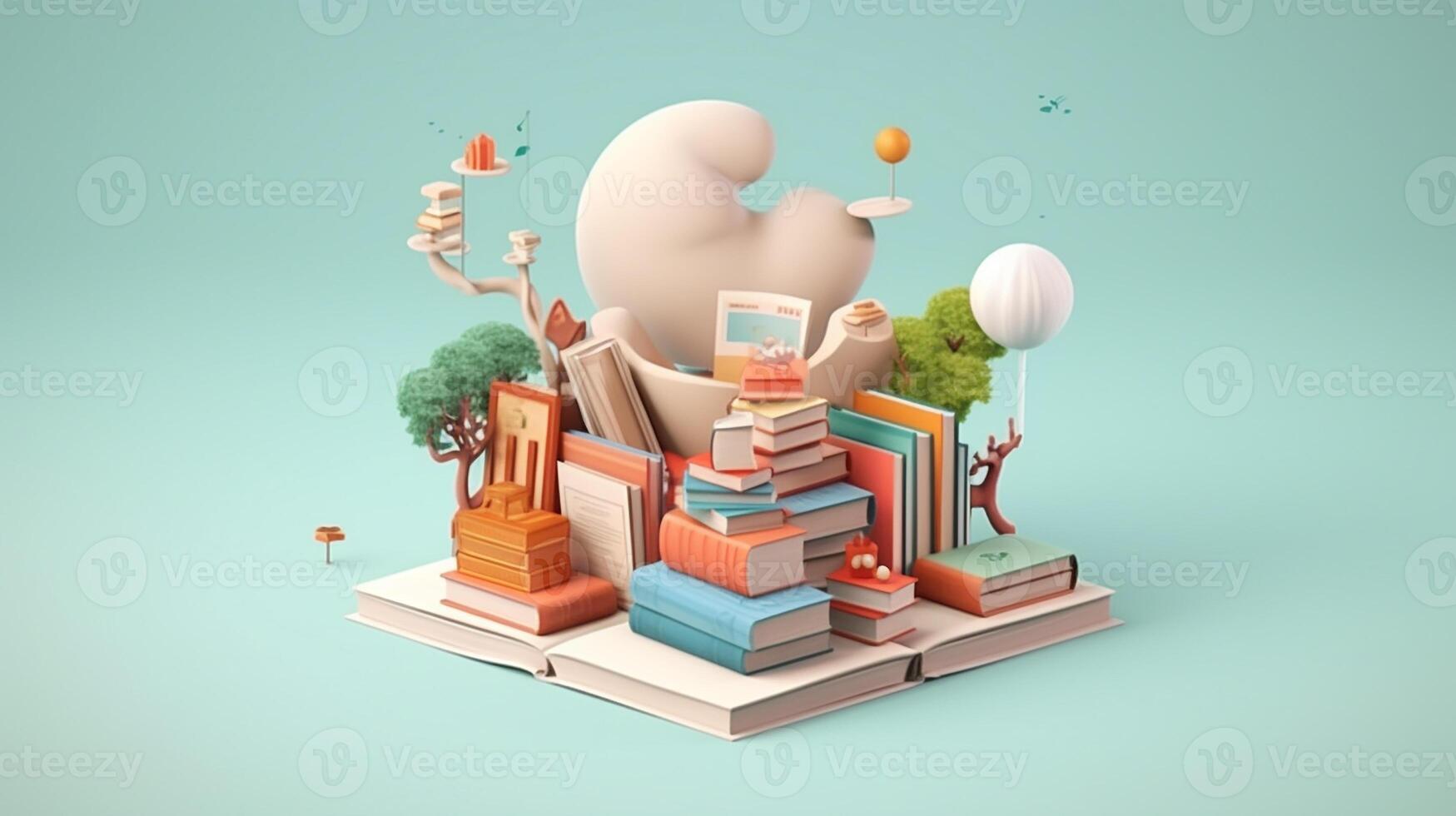 3d illustration of education concept, stack of books with exclamation mark. Generative AI photo