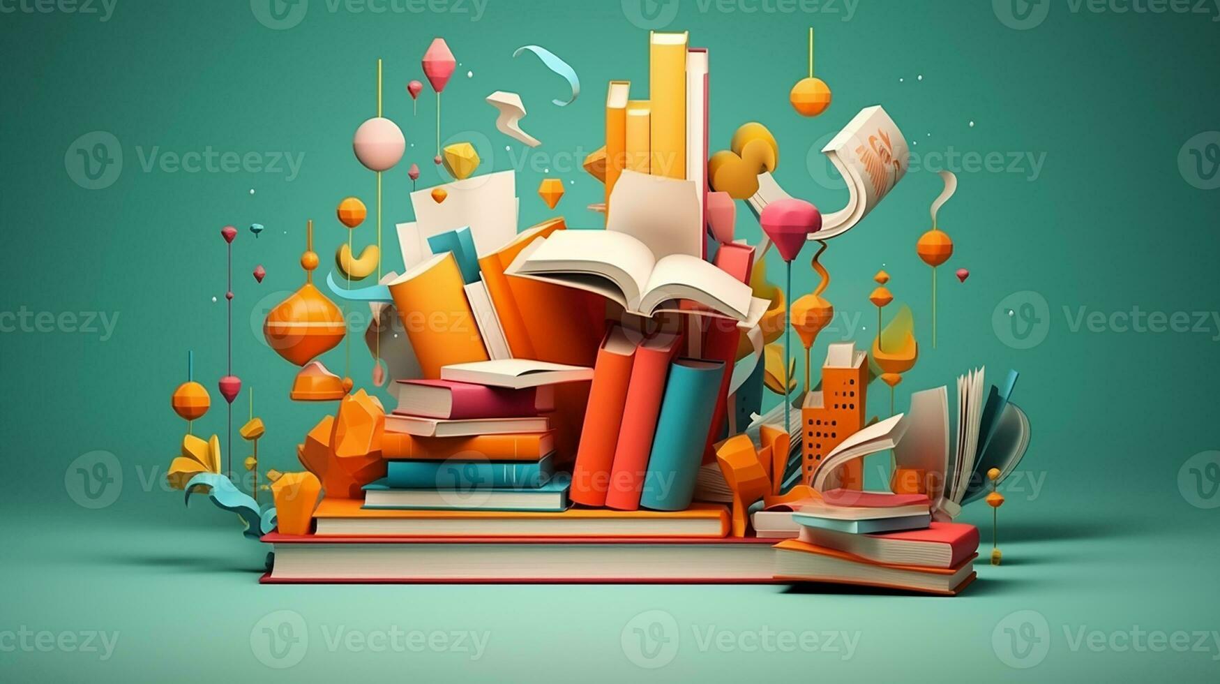 3d illustration of education concept, stack of books with exclamation mark. Generative AI photo