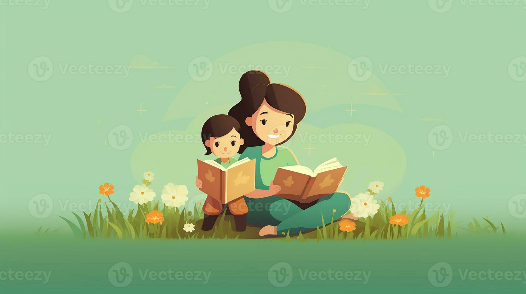 A mother reading a book with her child. Generative AI photo