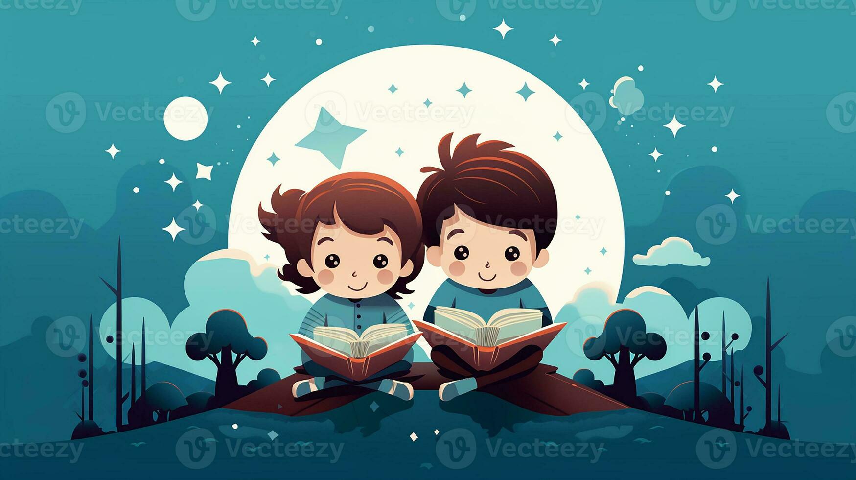 Children reading books at night. Generative AI photo